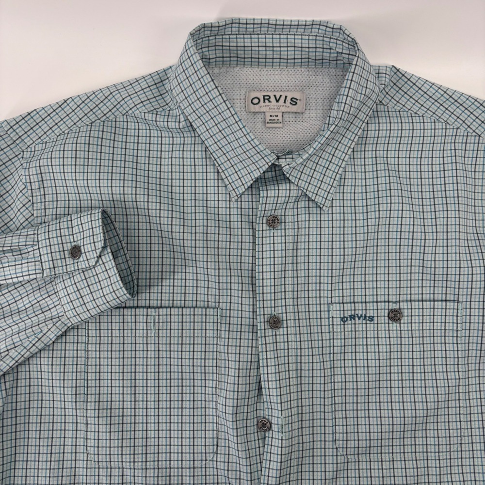 Orvis Button Down Shirt Mens Medium Blue Plaid Performance Stretch Hiking Vent